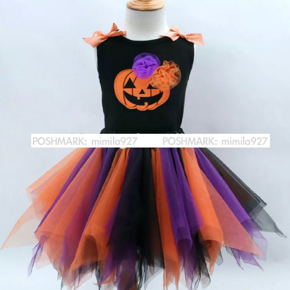 Girl Pumpkin Halloween Costume Top+Lace Tutu Set